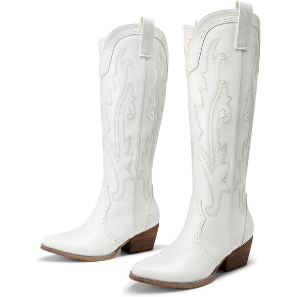 Women's White Comfortable Chunky Heel Embroidered Western Retro Knee High Boot - Picture 4 of 9